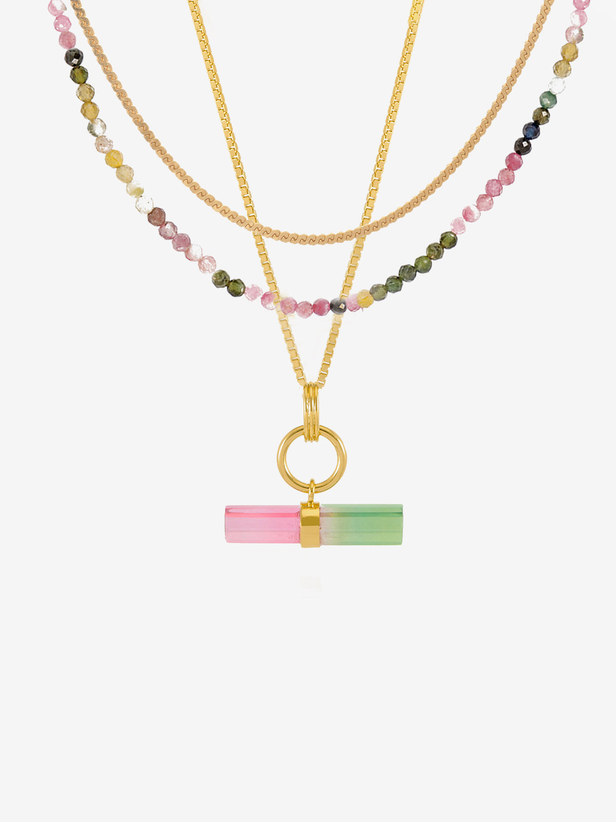 Styled Watermelon T- bar, Gemstone and Serpentine Layered Necklace Set