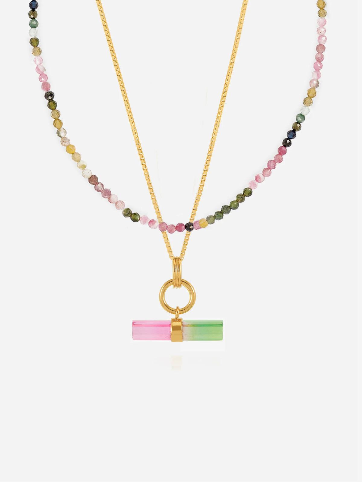 Styled Watermelon T- bar and Gemstone Layered Necklace Set